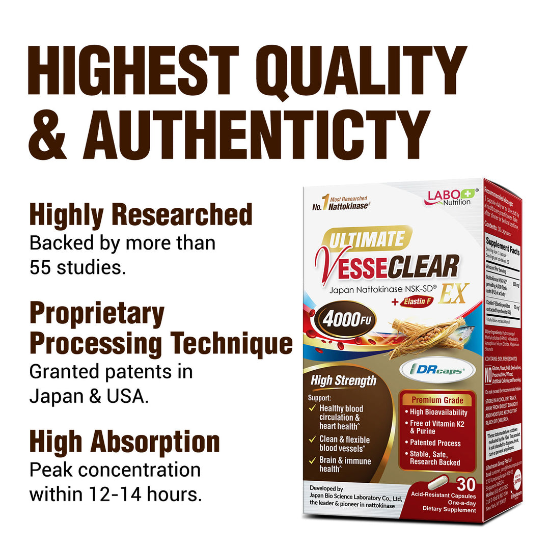 LABO Nutrition Ultimate VesseCLEAR EX – Nattokinase NSK-SD 4000 FU with Elastin F for Circulation &amp; Vascular Support, Delayed Release Capsules - Lifestream Group US