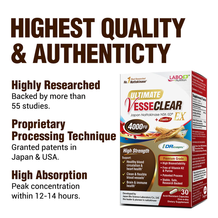 LABO Nutrition Ultimate VesseCLEAR EX – Nattokinase NSK-SD 4000 FU with Elastin F for Circulation &amp; Vascular Support, Delayed Release Capsules - Lifestream Group US