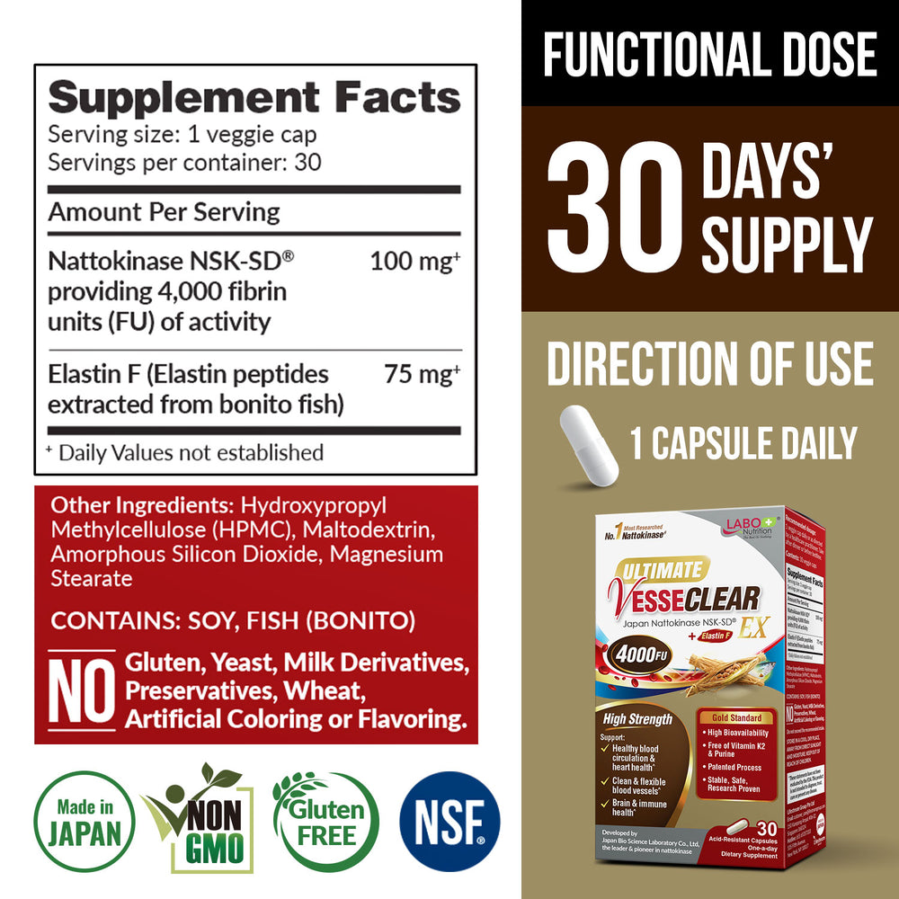 LABO Nutrition Ultimate VesseCLEAR EX Nattokinase NSK-SD 4000FU & Elastin F, Vessel Circulation & Brain Health Support, Japanese Supplement Shelf Stable Acid Resistant DRCaps Delayed Release Capsules - Lifestream Group US