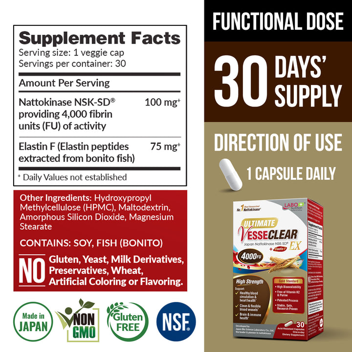 LABO Nutrition Ultimate VesseCLEAR EX Nattokinase NSK-SD 4000FU &amp; Elastin F, Vessel Circulation &amp; Brain Health Support, Japanese Supplement Shelf Stable Acid Resistant DRCaps Delayed Release Capsules - Lifestream Group US