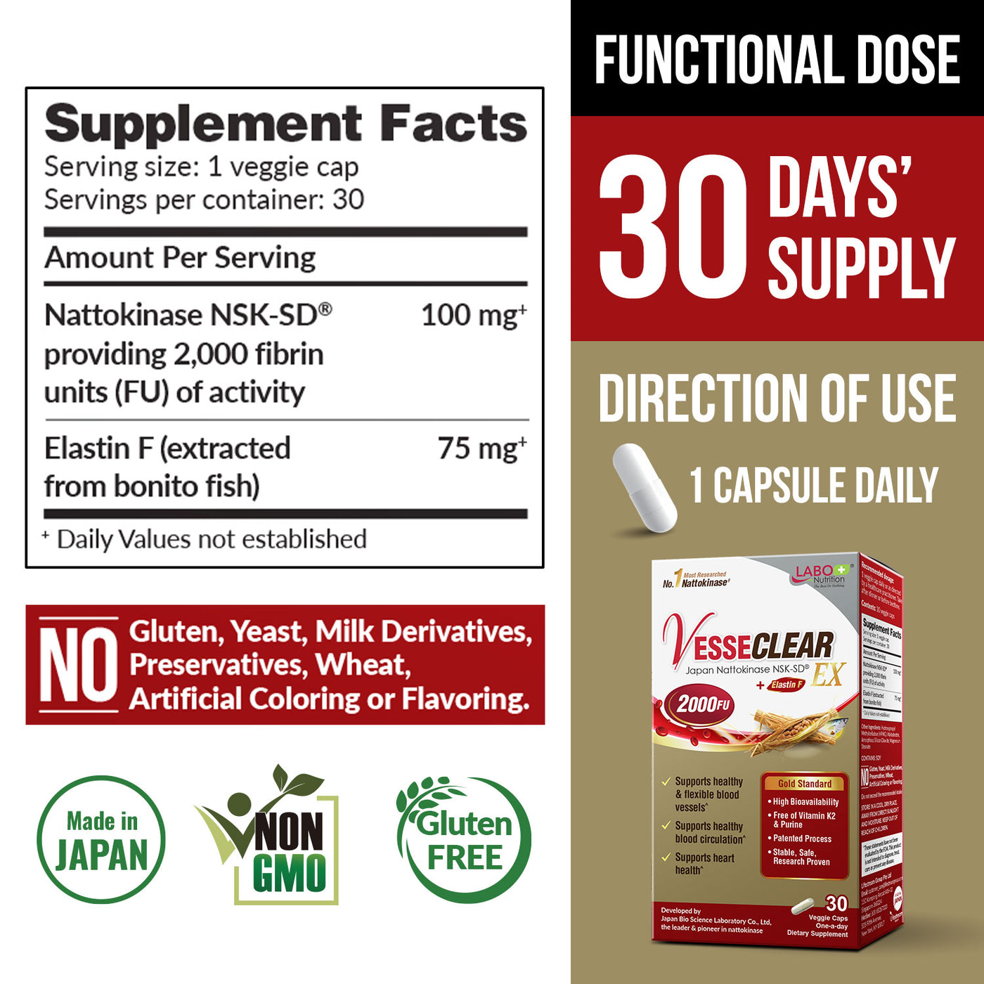 LABO Nutrition VesseCLEAR EX: Nattokinase NSK-SD+Elastin F for Clean & Flexible Blood Vessel. Japan's Most Clinically Studied, Functional Dose, For Cardiovascular, Blood Pressure & Circulation Support - Lifestream Group US