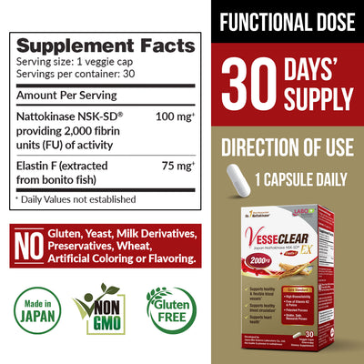 LABO Nutrition VesseCLEAR EX: Nattokinase NSK-SD+Elastin F for Clean & Flexible Blood Vessel. Japan's Most Clinically Studied, Functional Dose, For Cardiovascular, Blood Pressure & Circulation Support - Lifestream Group US