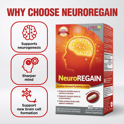 LABO Nutrition NeuroREGAIN - Scallop-derived PLASMALOGEN for Brain Deterioration, Memory, Alertness, Learning, Concentration – Suitable for Seniors