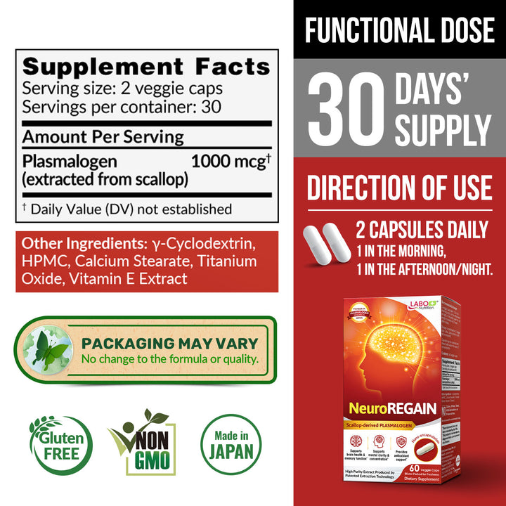 LABO Nutrition NeuroREGAIN – Scallop-Derived Plasmalogen Supplement for Memory, Focus &amp; Brain Health Support