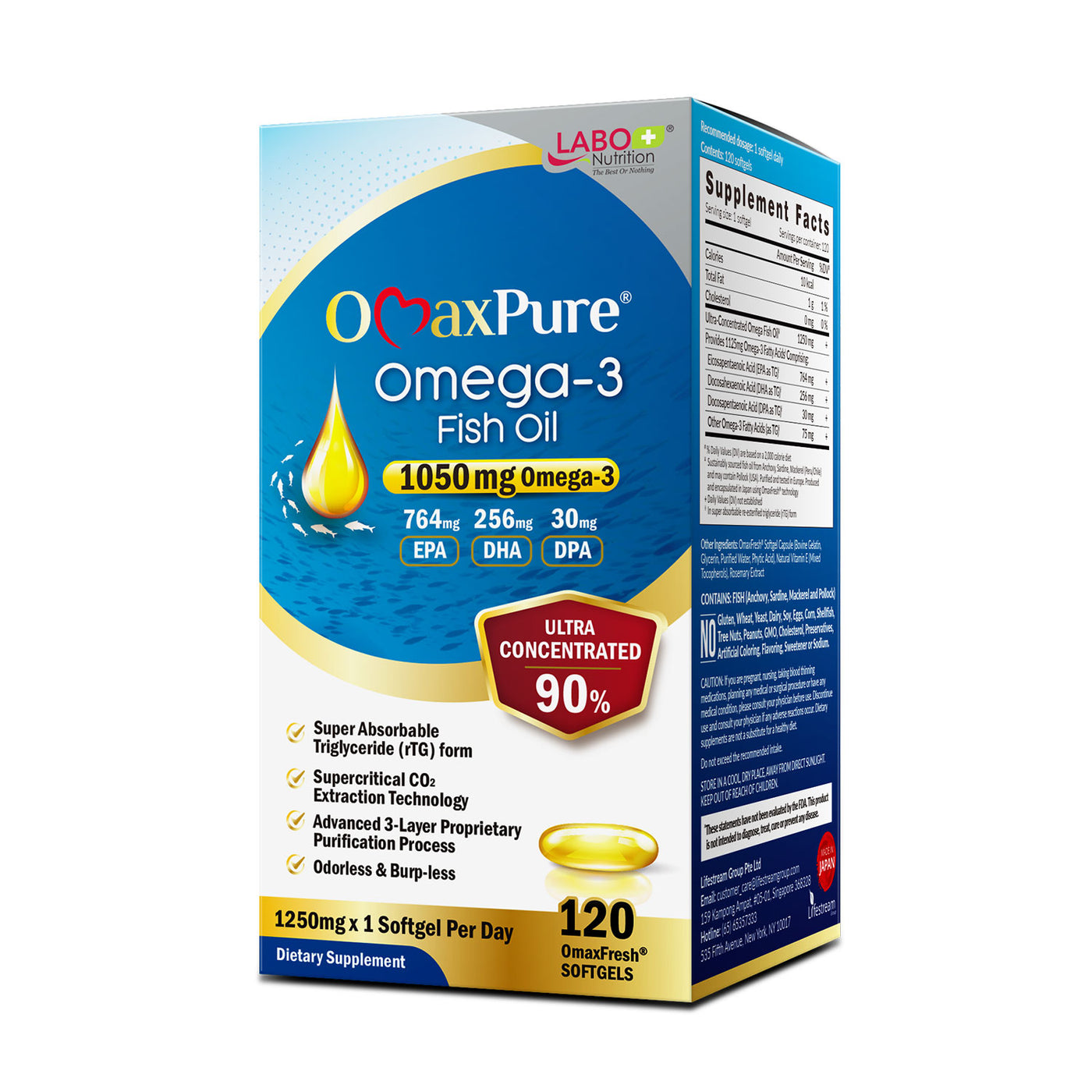 LABO Nutrition OmaxPure Omega 3 Fish Oil, 1125mg Omega-3, Pharmaceutical Grade, Better Absorbed rTG Form, for Heart, Joint, Brain & Immune Health - Lifestream Group US