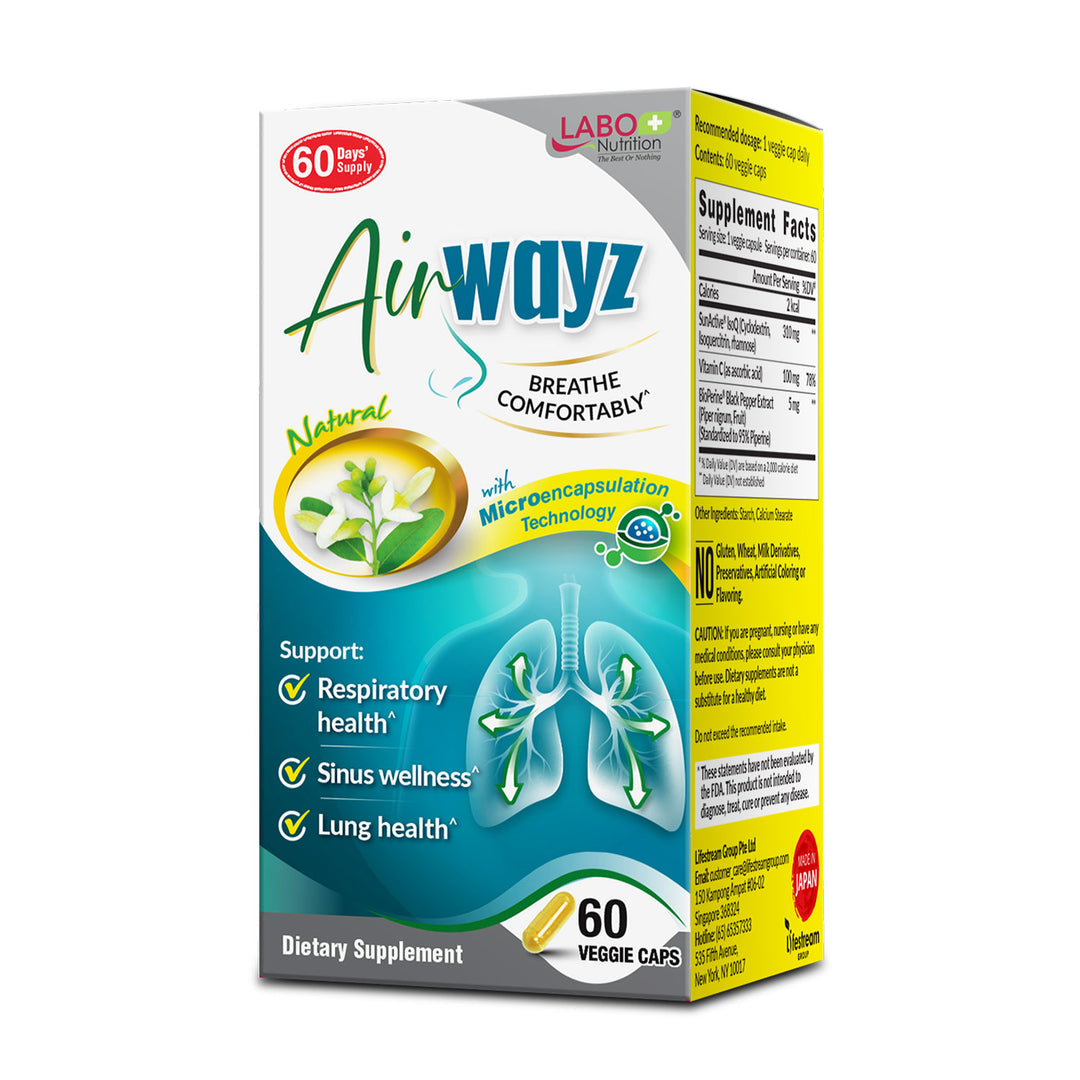 LABO Nutrition AirWayz for Nasal Discomfort, Sinus Congestion, Respiratory, Breathing & Allergy Relief with Immune Support | Quercetin Vitamin C Black Pepper Extract Supplement| 60 Veggie Capsules - Lifestream Group US