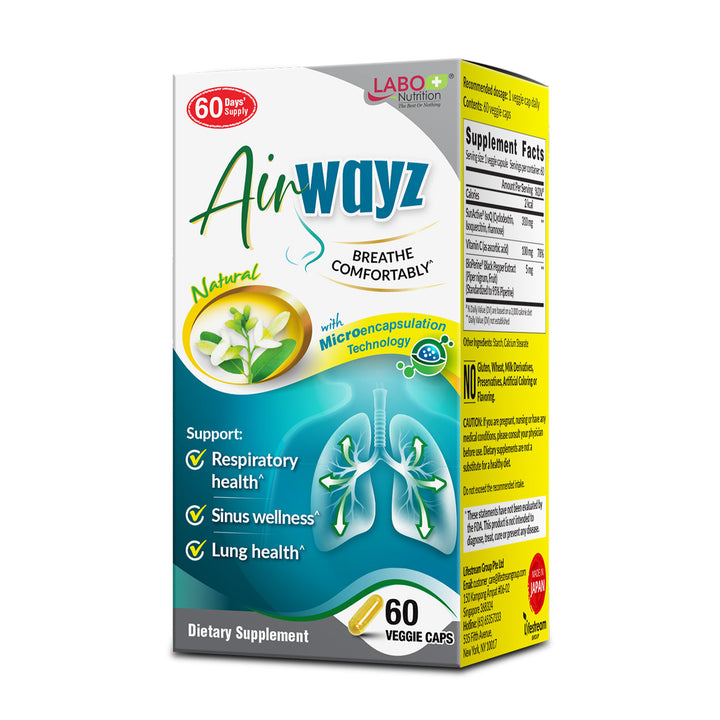 LABO Nutrition AirWayz for Nasal Discomfort, Sinus Congestion, Respiratory, Breathing &amp; Allergy Relief with Immune Support | Quercetin Vitamin C Black Pepper Extract Supplement| 60 Veggie Capsules - Lifestream Group US