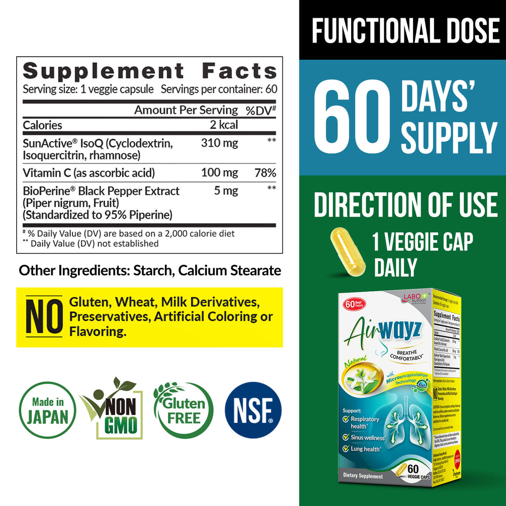 LABO Nutrition AirWayz for Nasal Discomfort, Sinus Congestion, Respiratory, Breathing & Allergy Relief with Immune Support | Quercetin Vitamin C Black Pepper Extract Supplement| 60 Veggie Capsules - Lifestream Group US