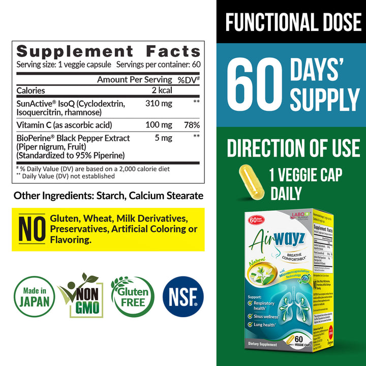LABO Nutrition AirWayz for Nasal Discomfort, Sinus Congestion, Respiratory, Breathing &amp; Allergy Relief with Immune Support | Quercetin Vitamin C Black Pepper Extract Supplement| 60 Veggie Capsules - Lifestream Group US