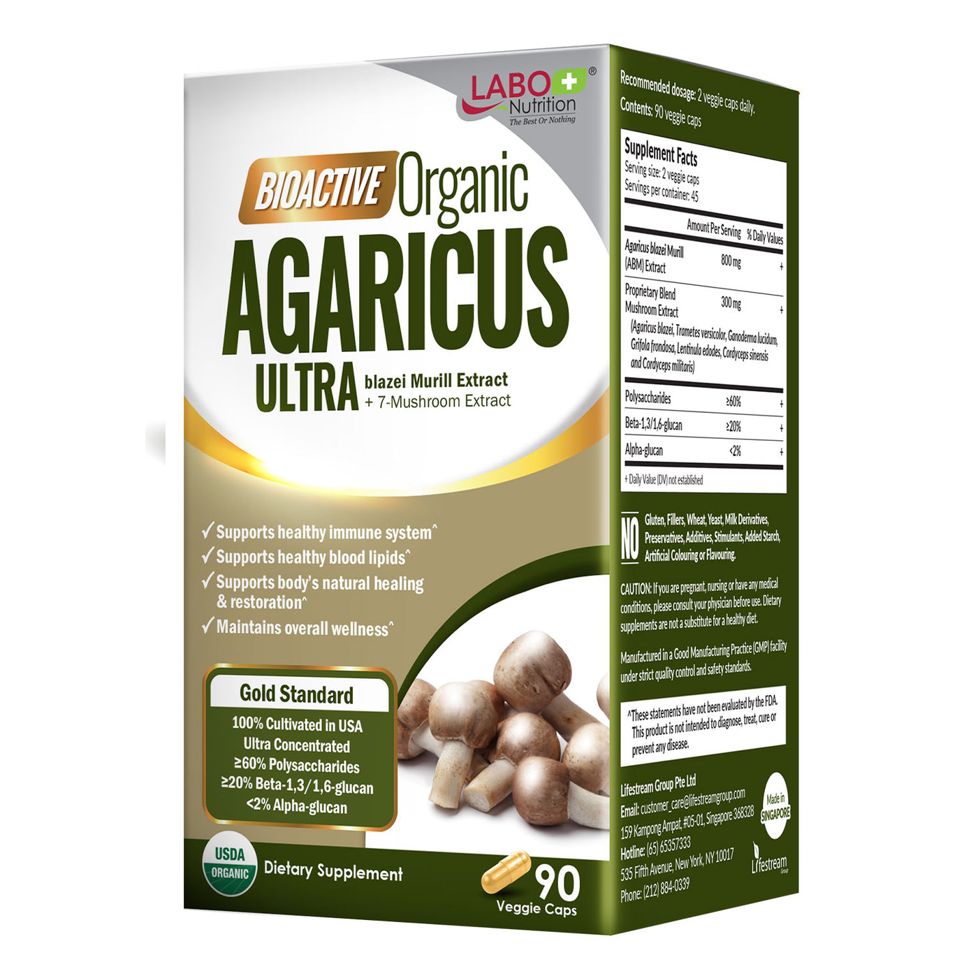 LABO Nutrition Bioactive Organic Agaricus Ultra for Advanced Immune Support, USDA Organic, 7 Medicinal Mushroom Supplement - Lifestream Group US