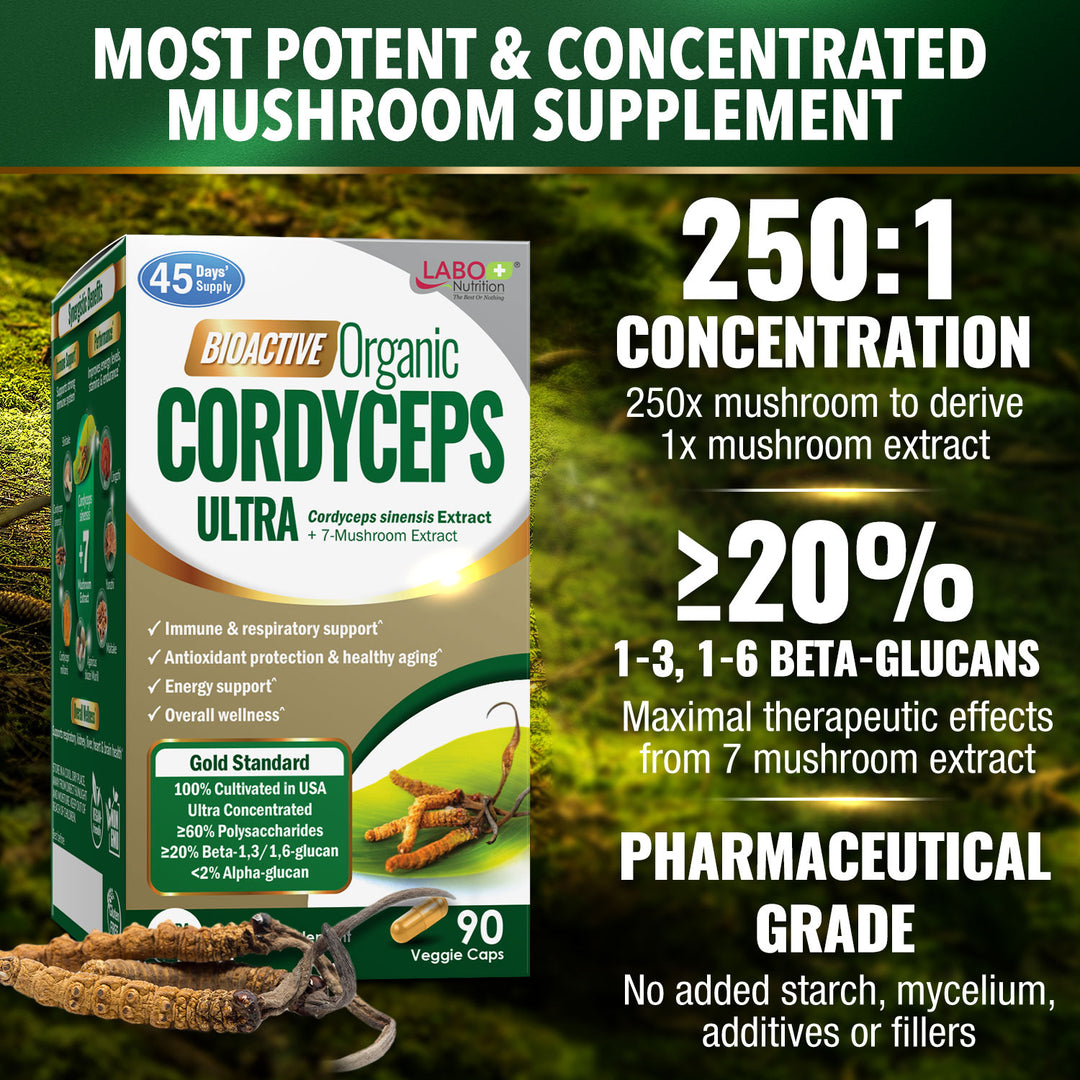 LABO Nutrition Bioactive Organic Cordyceps Ultra – 8 Medicinal Mushroom Supplement, for Immunity, Energy, Stamina, No Fillers - Lifestream Group US