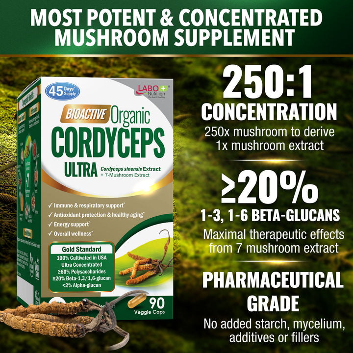 LABO Nutrition Bioactive Organic Cordyceps Ultra – 8 Medicinal Mushroom Supplement, for Immunity, Energy, Stamina, No Fillers - Lifestream Group US