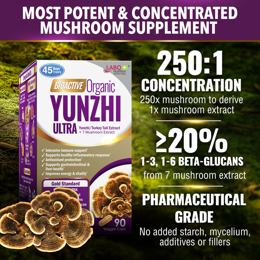 LABO Nutrition Bioactive Organic Yunzhi/ Turkey Tail Ultra, USDA Organic, 8 Medicinal Mushroom Supplement, For Immunity, No Fillers, Vegan - Lifestream Group US