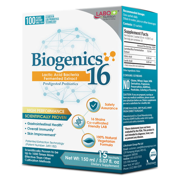 LABO Nutrition Biogenics 16–Lactic Acid Bacteria Fermented Extract, 1000x More Effective, Gut Health Support Beyond Probiotics & Prebiotics - Lifestream Group US