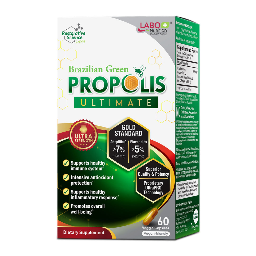 LABO Nutrition Brazilian Green Propolis Ultimate – Propolis Extract with 28mg Artepillin C and 5% Flavonoids – Natural Bee Supplement for Immune, Brain Support High Concentrate Propolis, 60 Veg Capsules - Lifestream Group US