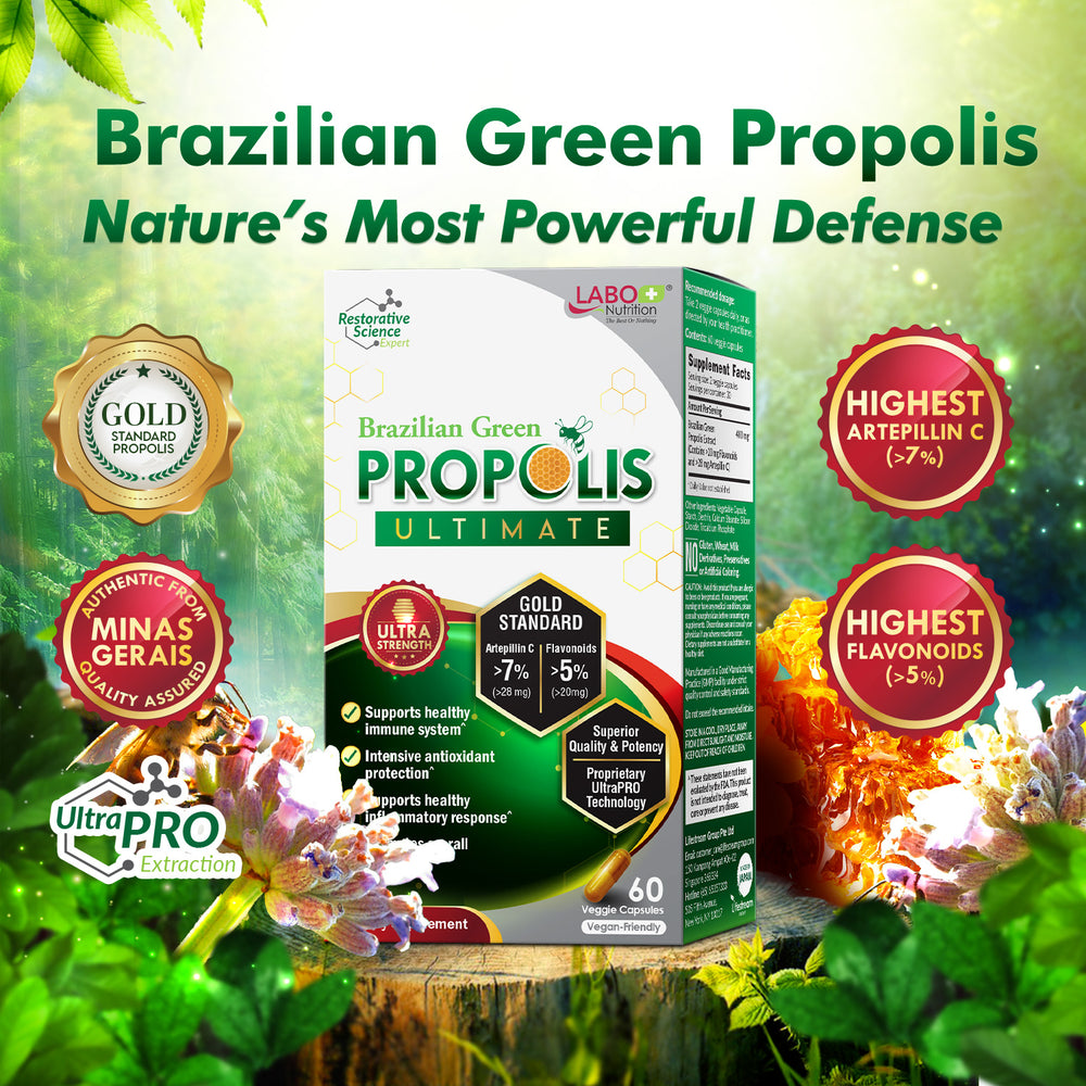 LABO Nutrition Brazilian Green Propolis Ultimate – Propolis Extract with 28mg Artepillin C and 5% Flavonoids – Natural Bee Supplement for Immune, Brain Support High Concentrate Propolis, 60 Veg Capsules - Lifestream Group US