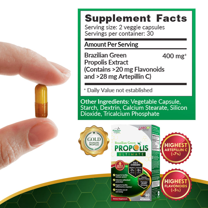 LABO Nutrition Brazilian Green Propolis Ultimate – Propolis Extract with 28mg Artepillin C and 5% Flavonoids – Natural Bee Supplement for Immune, Brain Support High Concentrate Propolis, 60 Veg Capsules - Lifestream Group US