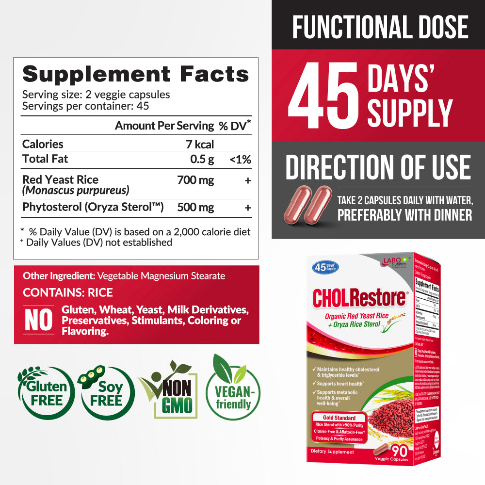 LABO Nutrition CHOLRestore – Red Yeast Rice with Phytosterol Health Supplement, Supports Healthy Cholesterol Levels &amp; Cardiovascular System, Citrinin &amp; Aflatoxin Free - Lifestream Group US