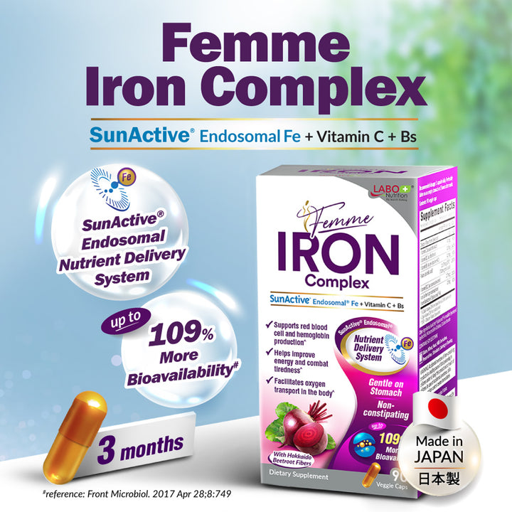 LABO Femme Iron Endosomal SunActive, Non-Irritating 15mg Iron Supplement for Blood Builder, Vegan, Gentle, No Metallic Aftertaste, Non Constipating, Ideal for Sensitive Stomachs, 90 Count - Lifestream Group US