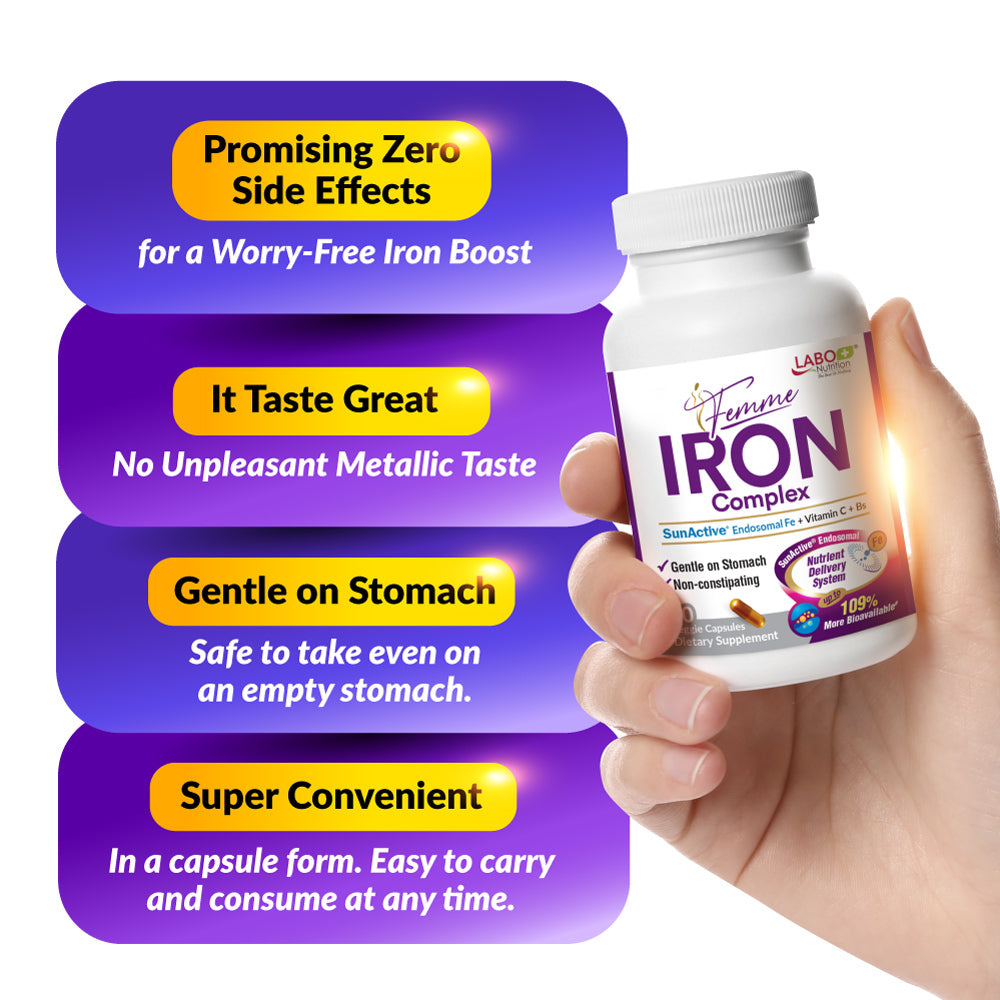 LABO Femme Iron Endosomal SunActive, Non-Irritating 15mg Iron Supplement for Blood Builder, Vegan, Gentle, No Metallic Aftertaste, Non Constipating, Ideal for Sensitive Stomachs, 90 Count - Lifestream Group US