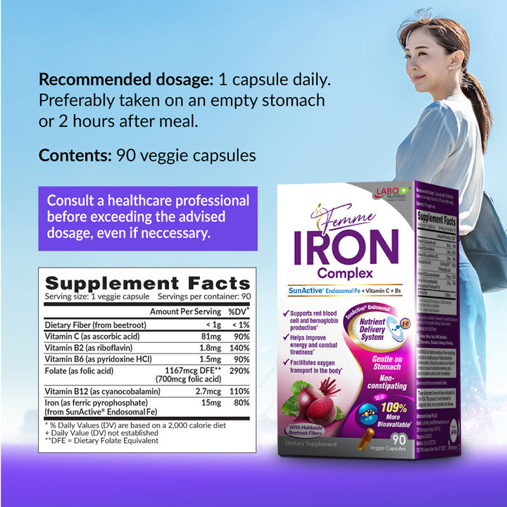 LABO Femme Iron Endosomal SunActive, Non-Irritating 15mg Iron Supplement for Blood Builder, Vegan, Gentle, No Metallic Aftertaste, Non Constipating, Ideal for Sensitive Stomachs, 90 Count - Lifestream Group US