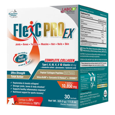 LABO Nutrition FlexC PRO EX with Peptan Type I, II & III Collagen Peptide, Organic Water Soluble Silica &Curcumin C3 Reduct, for Joint, Bones, Muscle - Lifestream Group US