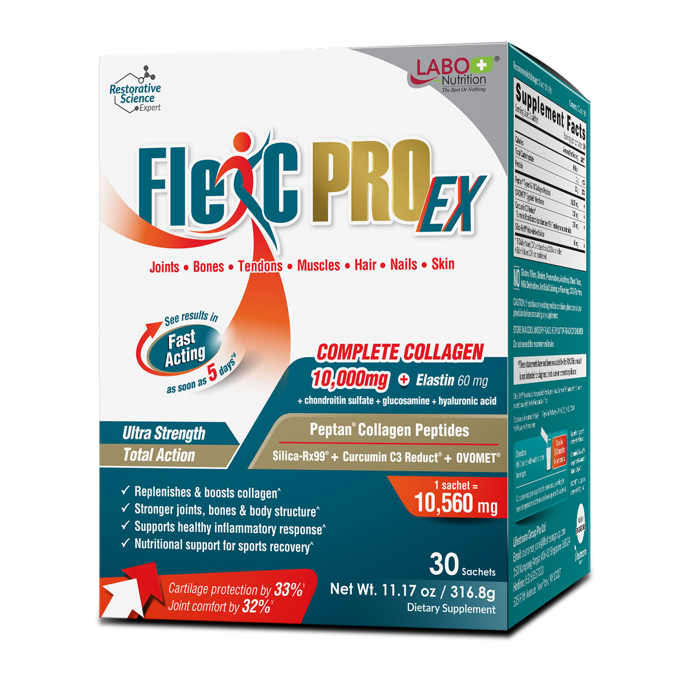 LABO Nutrition FlexC PRO EX with Peptan Type I & III Collagen Peptide, Ovomet Eggshell Membrane, Water Soluble Silica & Curcumin C3 Reduct, for Joints, Bones, Muscles, Tendons, Ligaments - Lifestream Group US