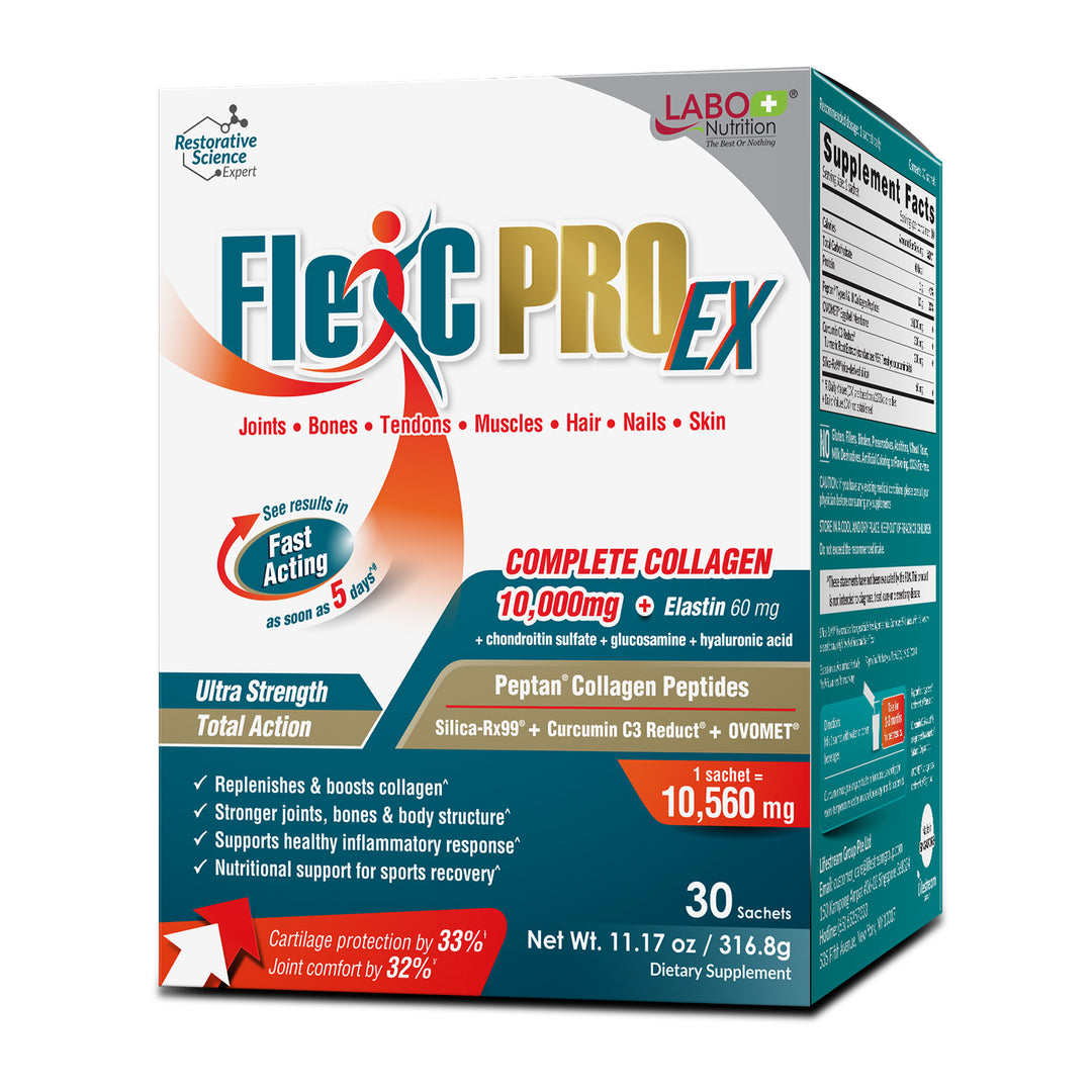 LABO Nutrition FlexC PRO EX, Full Spectrum Collagen, Type I, III, V & X, Peptan Collagen, Eggshell Membrane, Water Soluble Silica & Curcumin C3 Reduct, for Hair, Skin, Nails, Joint, Bones, Muscles - Lifestream Group US