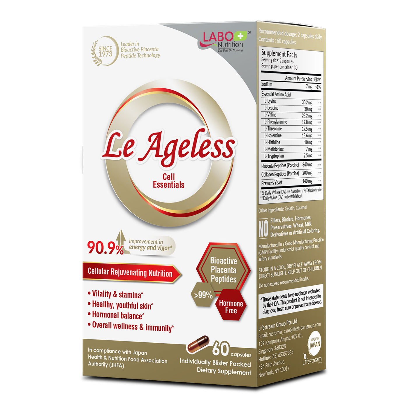 LABO Nutrition Le Ageless – Placenta Cell Rejuvenating Therapy – Enhanced with Collagen Peptide and Brewer’s Yeast to Supports Immune Health - Lifestream Group US