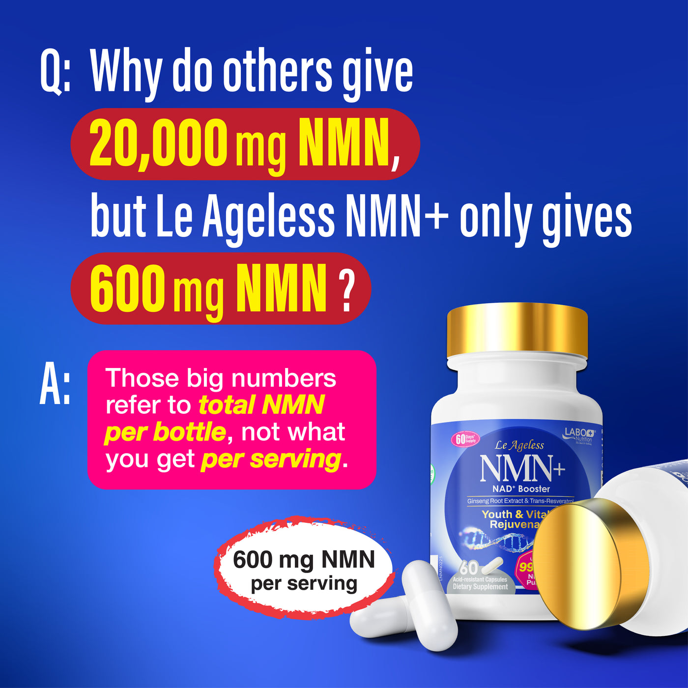 LABO Nutrition Le Ageless NMN+ with NAD+ Boosters for Anti Aging Vitality Energy Metabolism Brain Heart Sleep 60 capsules