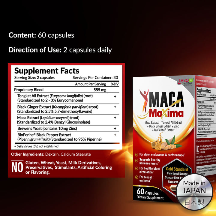 LABO Nutrition MacaMaxima Male Libido Performance Natural Booster Tongkat Ali + Maca for Men Health Energy &amp; Stamina - Lifestream Group US