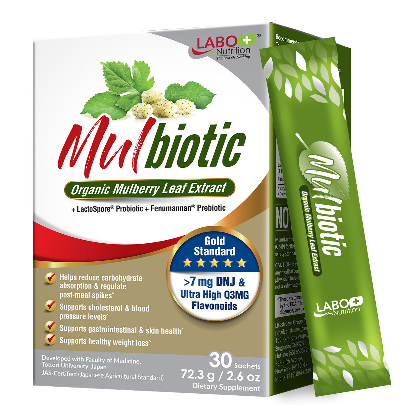LABO Nutrition Mulbiotic, Organic Mulberry Leaf Extract + LactoSpore Probiotic & Fenumannan Prebiotic, for Blood Sugar Control, Sugar & Carb Cravings - Lifestream Group US