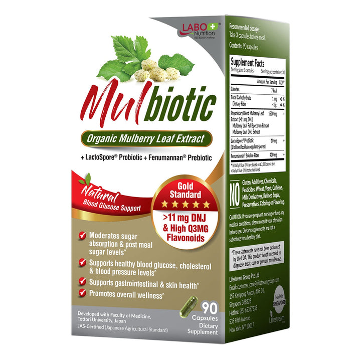 LABO Nutrition Mulbiotic Capsule, Organic Mulberry Leaf Extract + LactoSpore Probiotic &amp; Fenumannan Prebiotic, for Healthy Blood Glucose Leval, Sugar &amp; Carb Cravings Support, Vegetarian, Non-GMO - Lifestream Group US