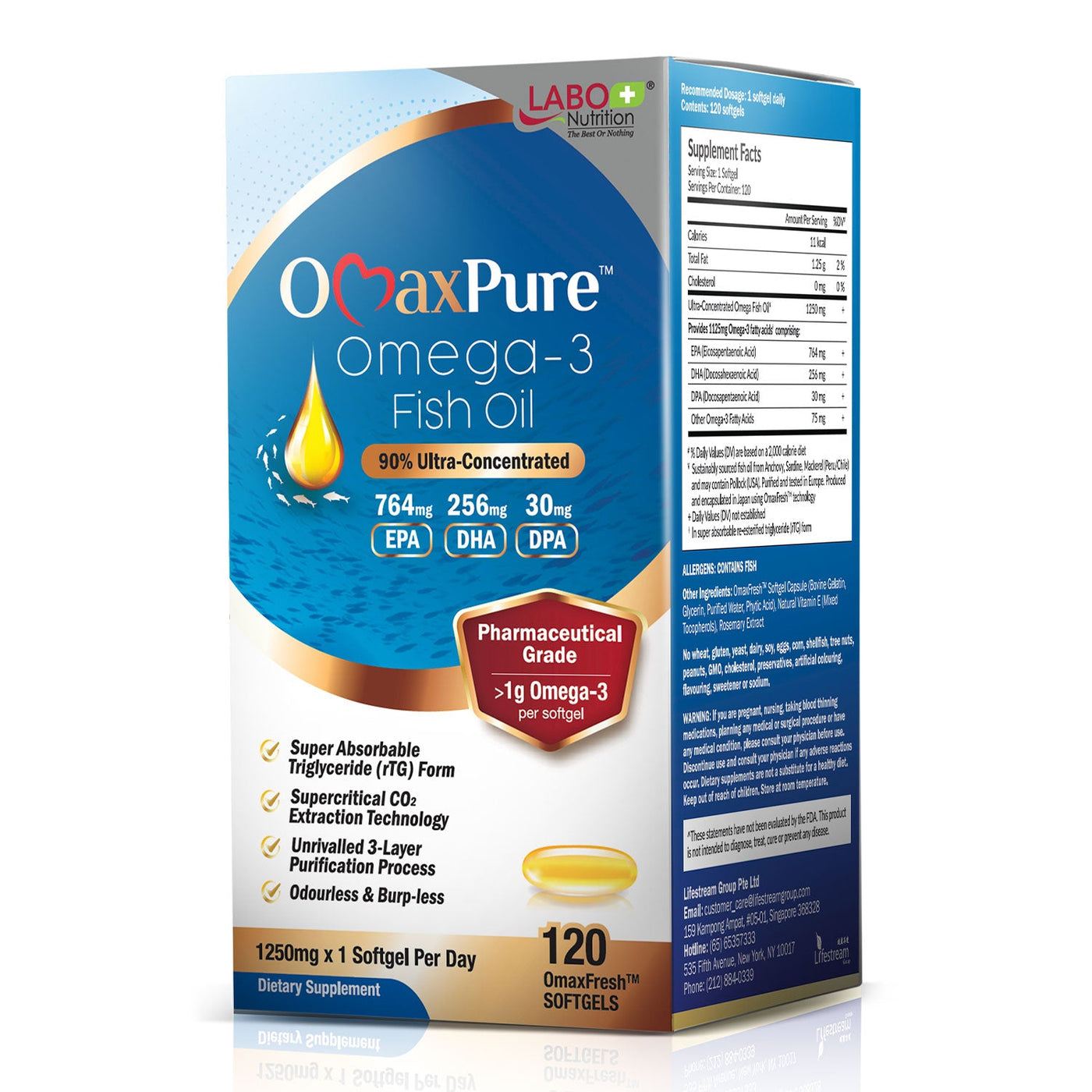 LABO Nutrition OmaxPure Omega 3 Fish Oil, 1125mg Omega-3, Pharmaceutical Grade, Better Absorbed rTG Form, for Heart, Joint, Brain & Immune Health - Lifestream Group US