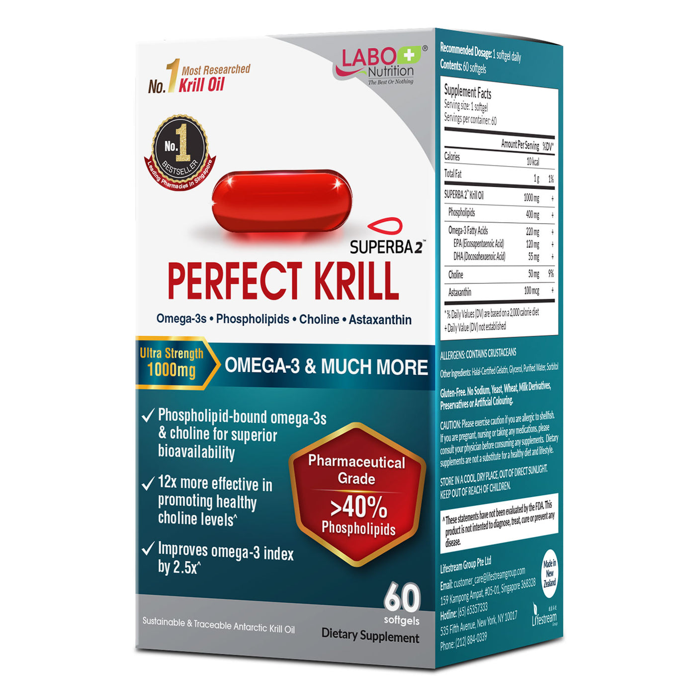 LABO Nutrition Perfect Krill 1000 mg, Ultra Strength Antarctic Krill Oil with Omega-3s, Phospholipids, & Astaxanthin, Heart, Joint, Brain Support - Lifestream Group US