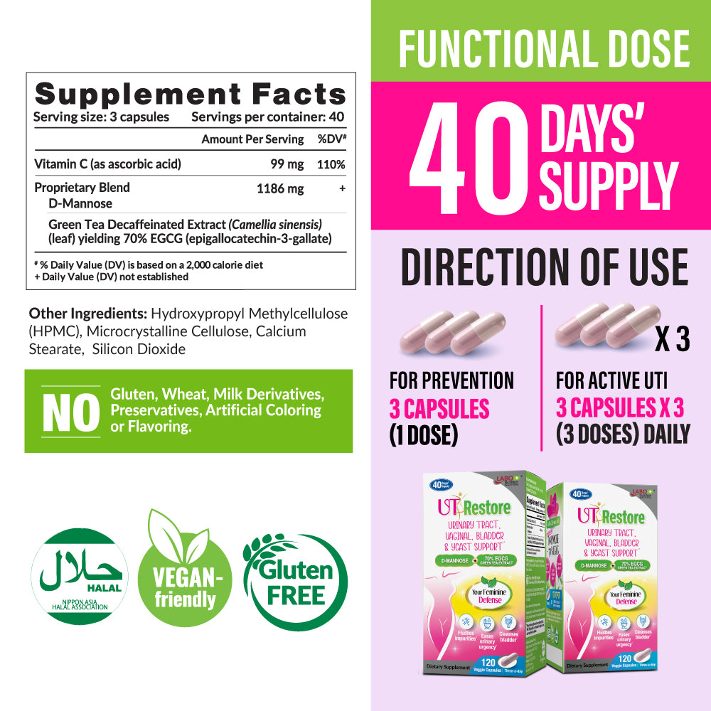 LABO UTRestore D-Mannose &amp; Green Tea Extract 70% EGCG, Urinary Tract Health for Women, Bladder Support with Vitamin C, 40 Days Supply, Vegan, Fast-Acting, Flush, Cleanse, Halal Certified - Lifestream Group US
