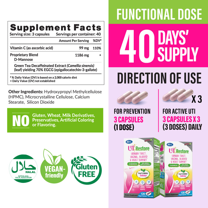 LABO UTRestore D-Mannose &amp; Green Tea Extract 70% EGCG, Urinary Tract Health for Women, Bladder Support with Vitamin C, 40 Days Supply, Vegan, Fast-Acting, Flush, Cleanse, Halal Certified - Lifestream Group US