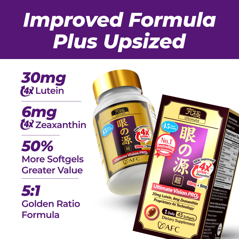 AFC Japan Ultimate Vision PRO – Improved, Up-Sized Formula - Support Vitamins for Eye Health with Lutein, Zeaxanthin 4X, Bilberry – Nutrients for Blurry Sight, Dry Eyes, Macular Health & Sharp Focus, 45 Softgels