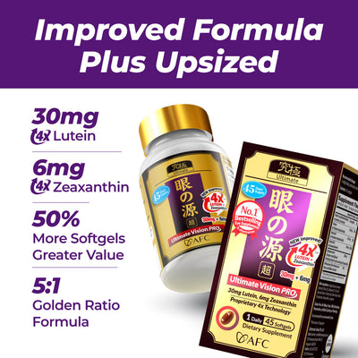 AFC Japan Ultimate Vision PRO – Improved, Up-Sized Formula - Support Vitamins for Eye Health with Lutein, Zeaxanthin 4X, Bilberry – Nutrients for Blurry Sight, Dry Eyes, Macular Health & Sharp Focus, 45 Softgels