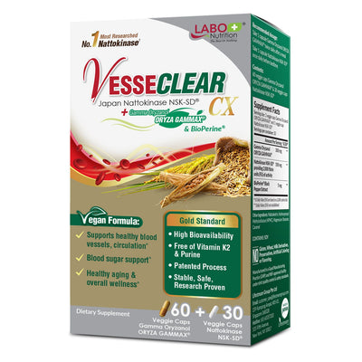 LABO Nutrition VesseCLEAR CX: Nattokinase NSK-SD + Gamma Oryzanol for Clean Blood Vessel & Healthy Ageing, Japan's Most Clinically Studied, Support Healthy Cholesterol, Cardiovascular, Vegan - Lifestream Group US
