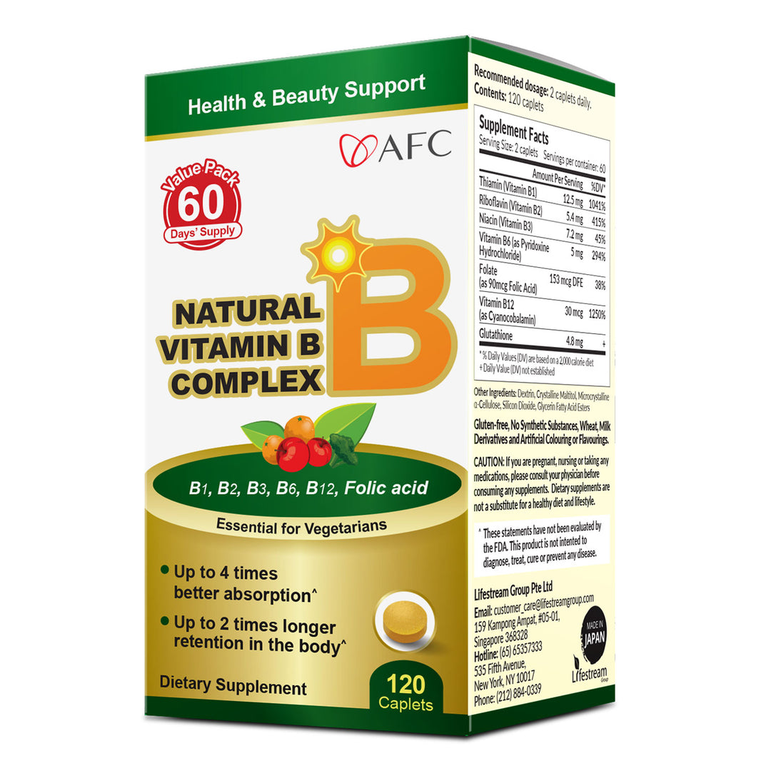 AFC Japan Natural Vitamin B Complex with B1, B2, B3, B6, B12, Folic Acid & Glutathione Yeast Extract, No Synthetics, Non-GMO, Supplement for Stress, Energy, Immune & Nervous System,120 Vegan Caplets - Lifestream Group US