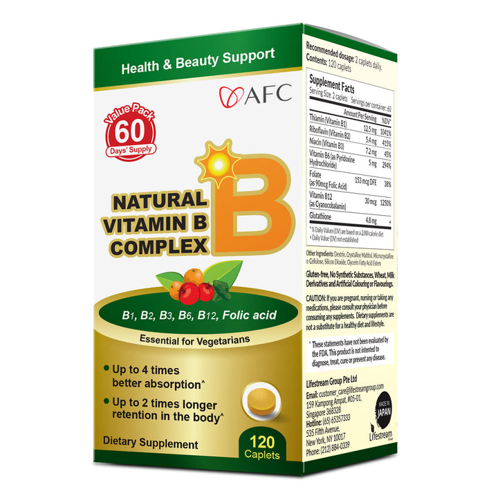 AFC Japan Natural Vitamin B Complex with B1, B2, B3, B6, B12, Folic Acid &amp; Glutathione Yeast Extract, No Synthetics, Non-GMO, Supplement for Stress, Energy, Immune &amp; Nervous System,120 Vegan Caplets - Lifestream Group US