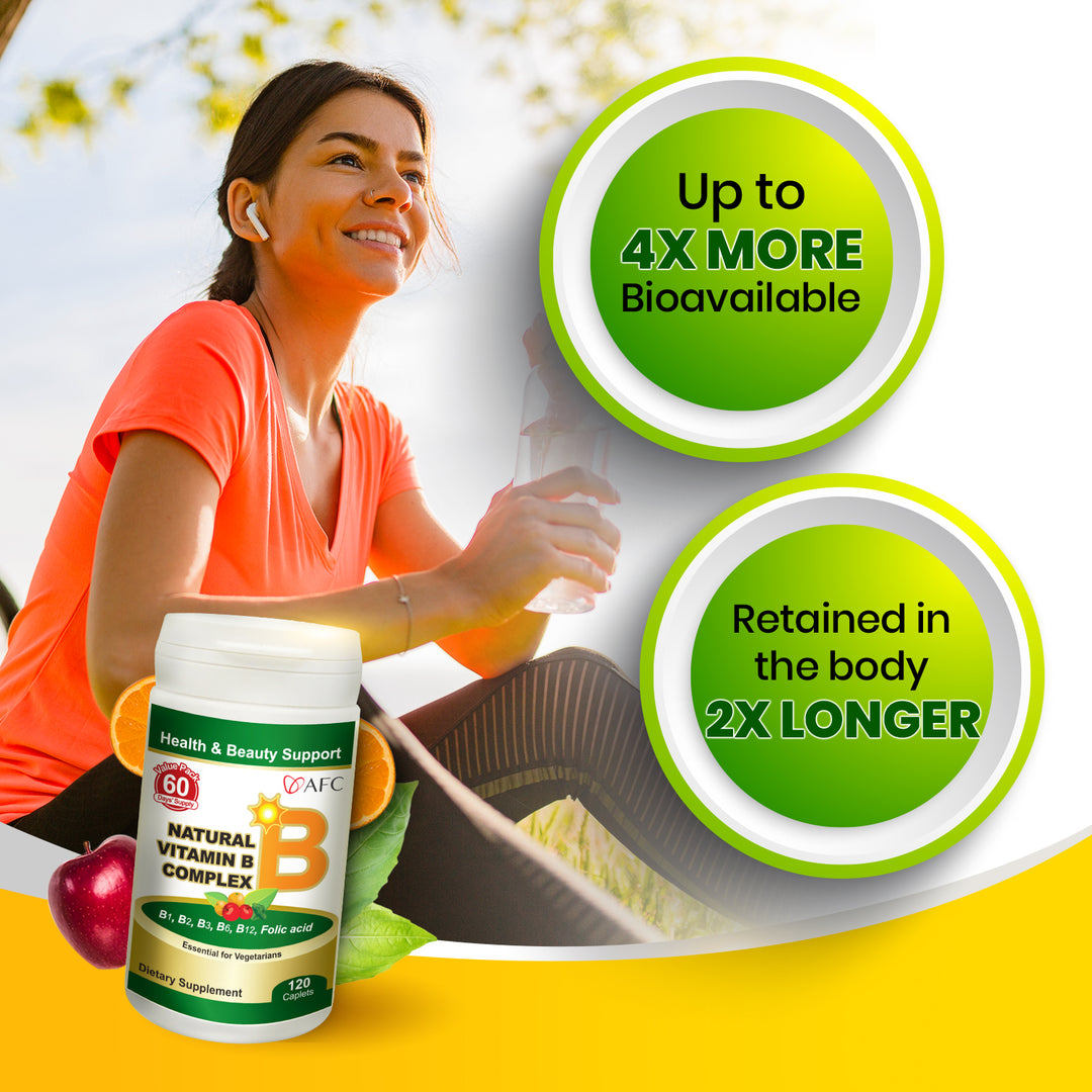 AFC Japan Natural Vitamin B Complex with B1, B2, B3, B6, B12, Folic Acid &amp; Glutathione Yeast Extract, No Synthetics, Non-GMO, Supplement for Stress, Energy, Immune &amp; Nervous System,120 Vegan Caplets - Lifestream Group US