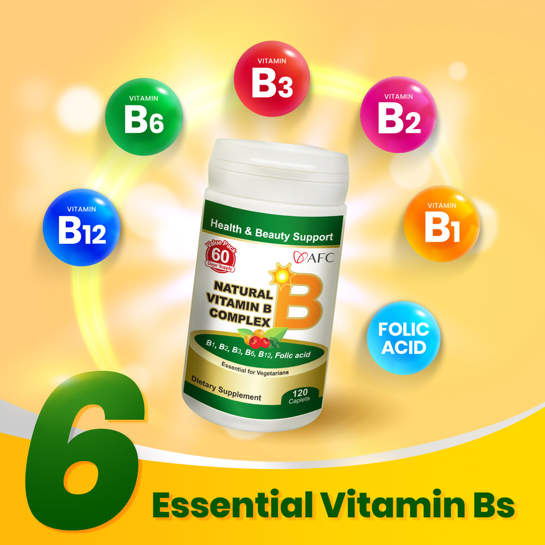 AFC Japan Natural Vitamin B Complex with B1, B2, B3, B6, B12, Folic Acid &amp; Glutathione Yeast Extract, No Synthetics, Non-GMO, Supplement for Stress, Energy, Immune &amp; Nervous System,120 Vegan Caplets - Lifestream Group US