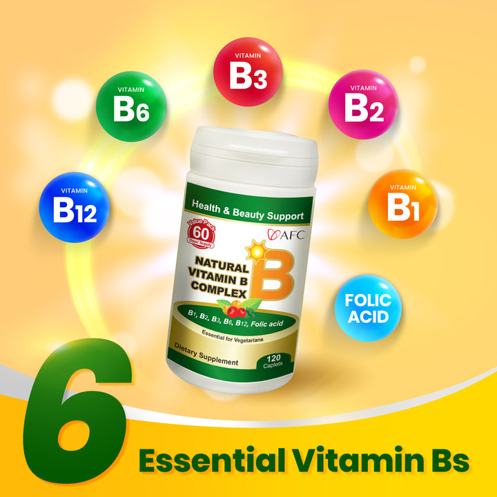 AFC Japan Natural Vitamin B Complex with B1, B2, B3, B6, B12, Folic Acid &amp; Glutathione Yeast Extract, No Synthetics, Non-GMO, Supplement for Stress, Energy, Immune &amp; Nervous System,120 Vegan Caplets - Lifestream Group US