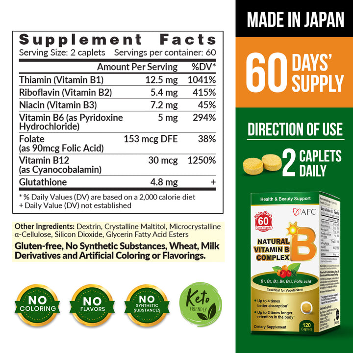 AFC Japan Natural Vitamin B Complex with B1, B2, B3, B6, B12, Folic Acid &amp; Glutathione Yeast Extract, No Synthetics, Non-GMO, Supplement for Stress, Energy, Immune &amp; Nervous System,120 Vegan Caplets - Lifestream Group US
