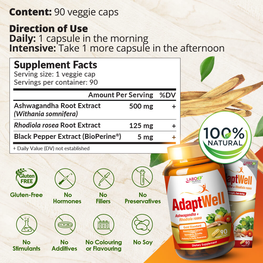 LABO Nutrition AdaptWell Ashwagandha 根提取物 &gt;7% 茄内酯、红景天提取物 &gt;5% 玫瑰维和胡椒碱，缓解压力和支持甲状腺