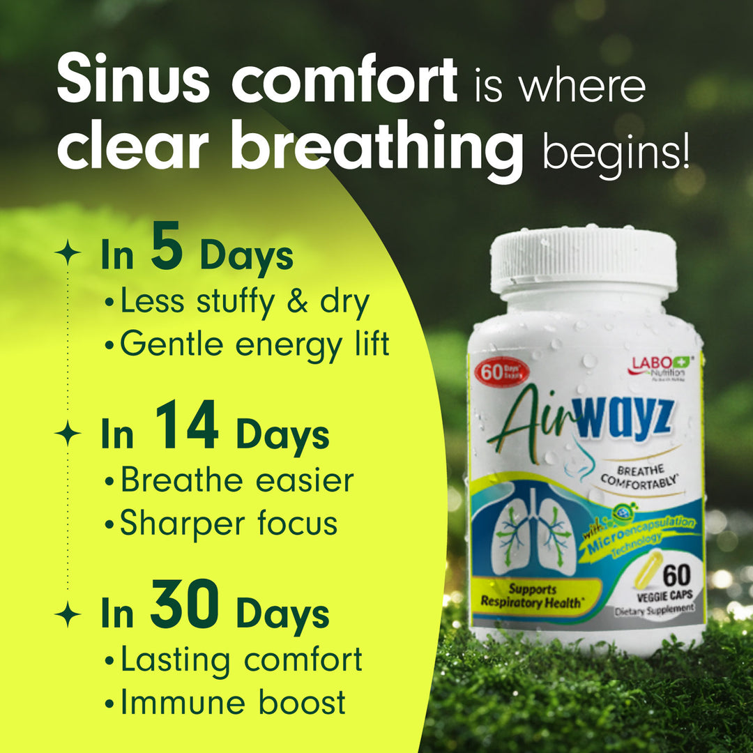 LABO Nutrition AirWayz for Nasal Discomfort, Sinus Congestion, Respiratory, Breathing &amp; Allergy Relief with Immune Support | Quercetin Vitamin C Black Pepper Extract Supplement| 60 Veggie Capsules - Lifestream Group US