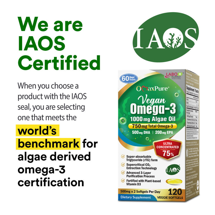 LABO OmaxPure Vegan Omega-3 Algae Oil, IAOS-Certified Algae Oil As Good As Fish Oil High DHA EPA for Heart Eye Brain Joint Health - Lifestream Group US