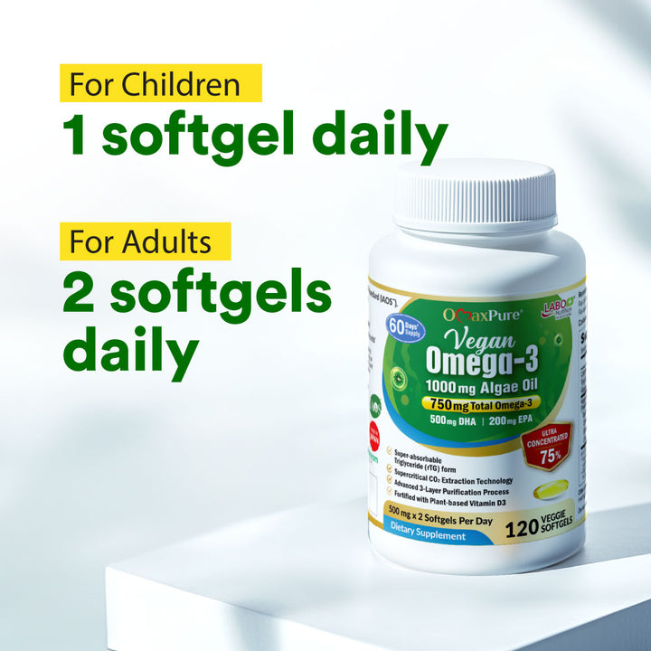 LABO OmaxPure Vegan Omega-3 Algae Oil, IAOS-Certified Algae Oil As Good As Fish Oil High DHA EPA for Heart Eye Brain Joint Health - Lifestream Group US